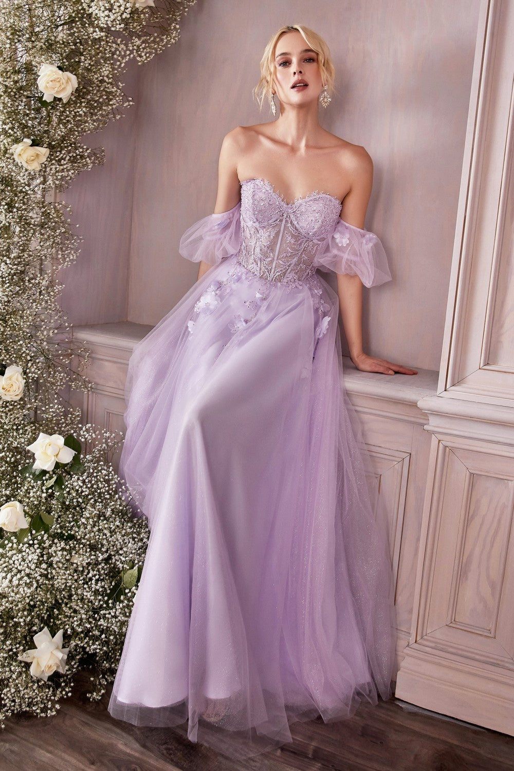 Strapless Layered Tulle Gown By Cinderella Divine -CD0191