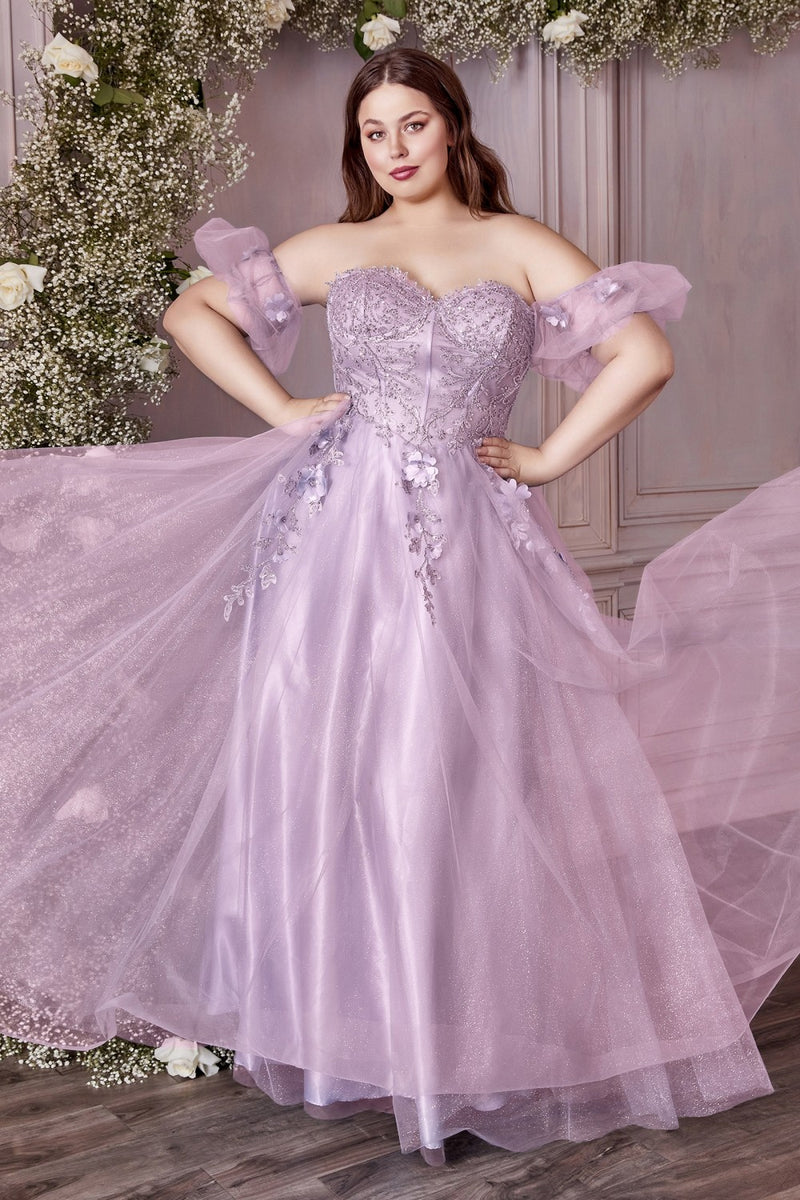 Strapless A-Line Gown And Puff Sleeves By Cinderella Divine -CD0191C