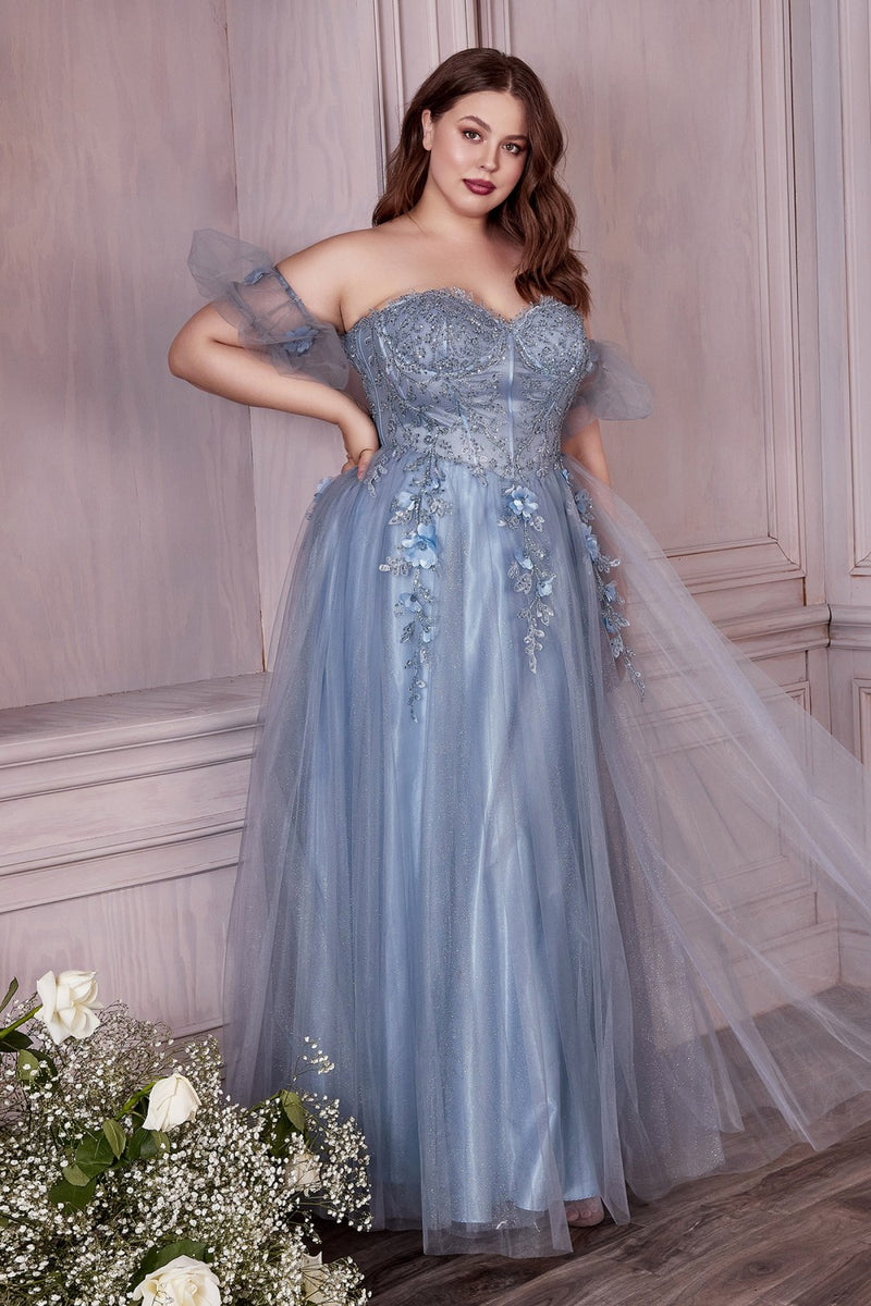 Strapless A-Line Gown And Puff Sleeves By Cinderella Divine -CD0191C
