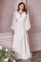 White Long Sleeve Chiffon Gown By Cinderella Divine -CD0192W