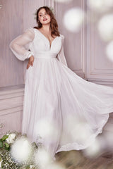 White Long Sleeve Chiffon Gown By Cinderella Divine -CD0192W