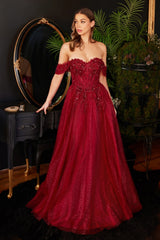 Lace A-Line Gown With Off The Shoulder Sleeves By Cinderella Divine -CD0198