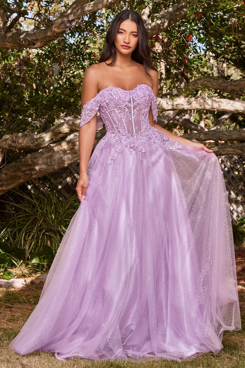 Lace A-Line Gown With Off The Shoulder Sleeves By Cinderella Divine -CD0198