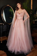 Cape Sleeves Beaded A-Line Dress By Cinderella Divine -CD0204