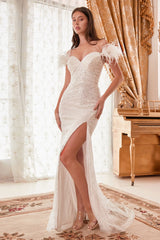 Sequin & Feather Off The Shoulder Gown By Cinderella Divine -CD0207W