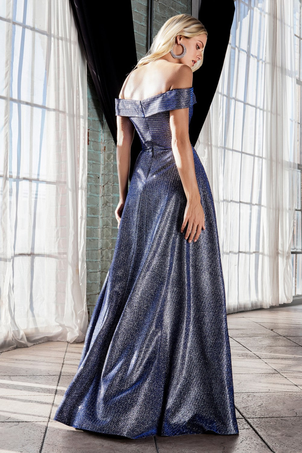 MyFashion.com - Off the shoulder a-line dress with metallic finish and leg slit.(CD162) - Cinderella Divine promdress eveningdress fashion partydress weddingdress 
 gown homecoming promgown weddinggown 