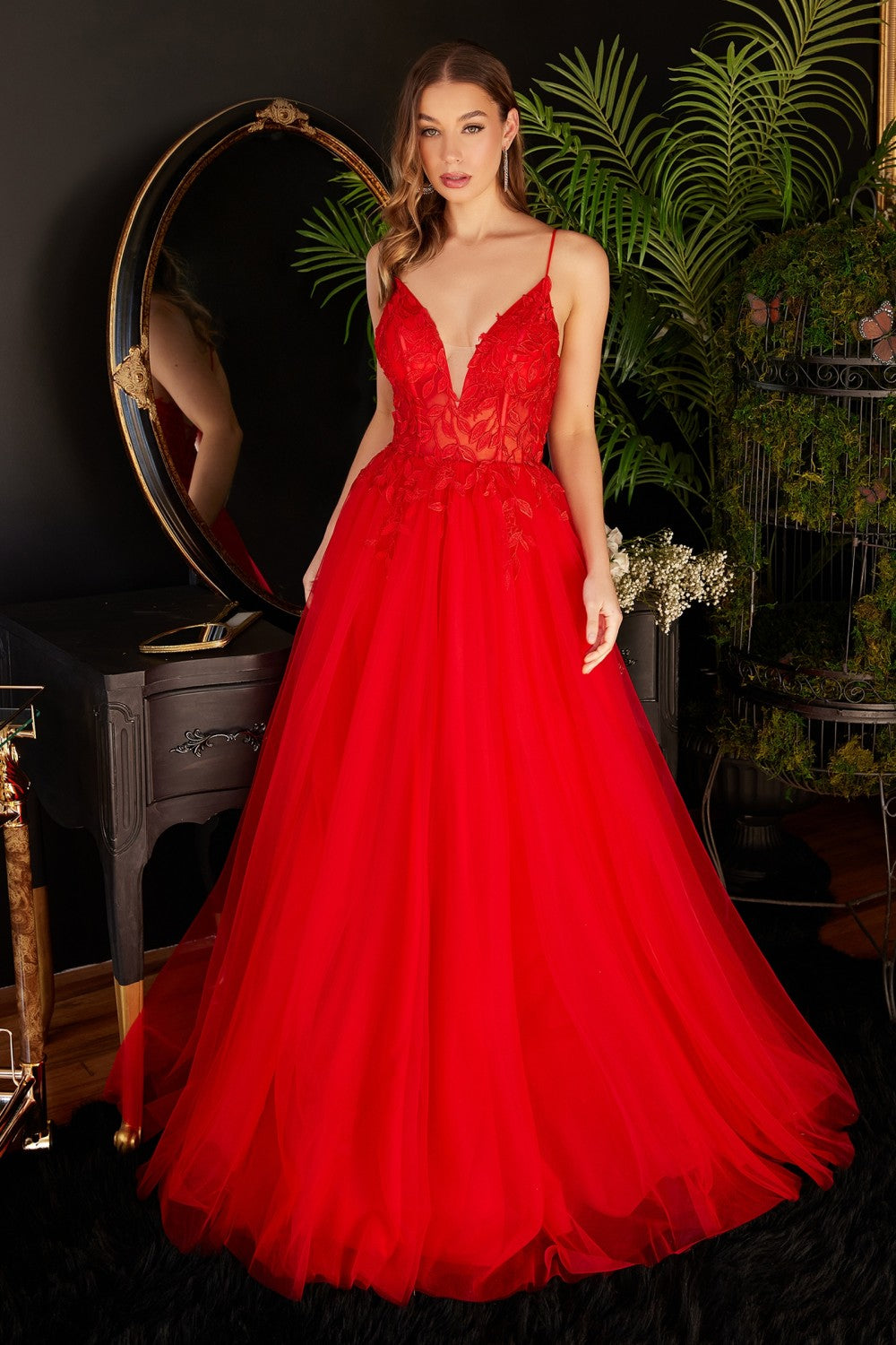 V Neck Tulle A-Line Dress By Cinderella Divine -CD2214