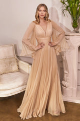 Pleated Chiffon Long Sleeve Gown By Cinderella Divine -CD242