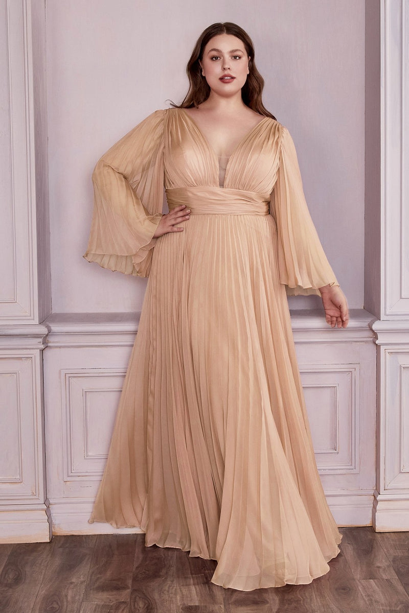 Plus Size Pleated Bell Sleeve Gown By Cinderella Divine -CD242C
