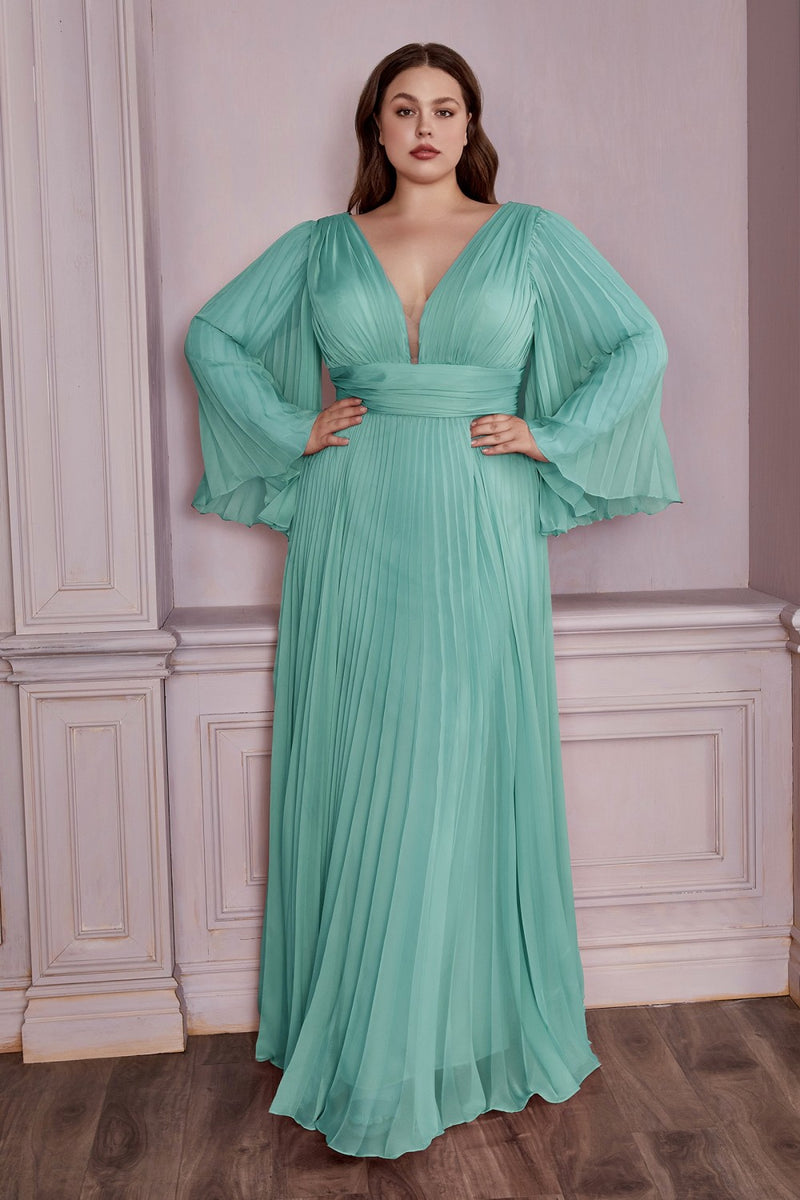 Plus Size Pleated Bell Sleeve Gown By Cinderella Divine -CD242C
