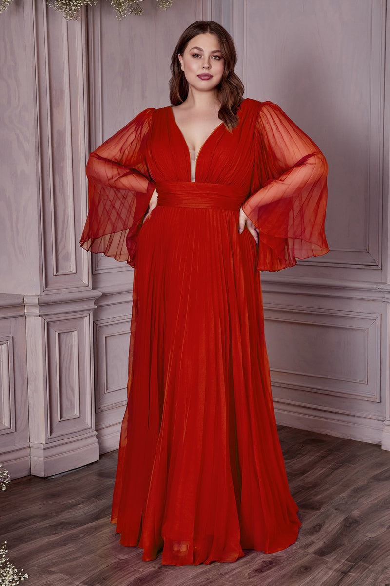 Plus Size Pleated Bell Sleeve Gown By Cinderella Divine -CD242C