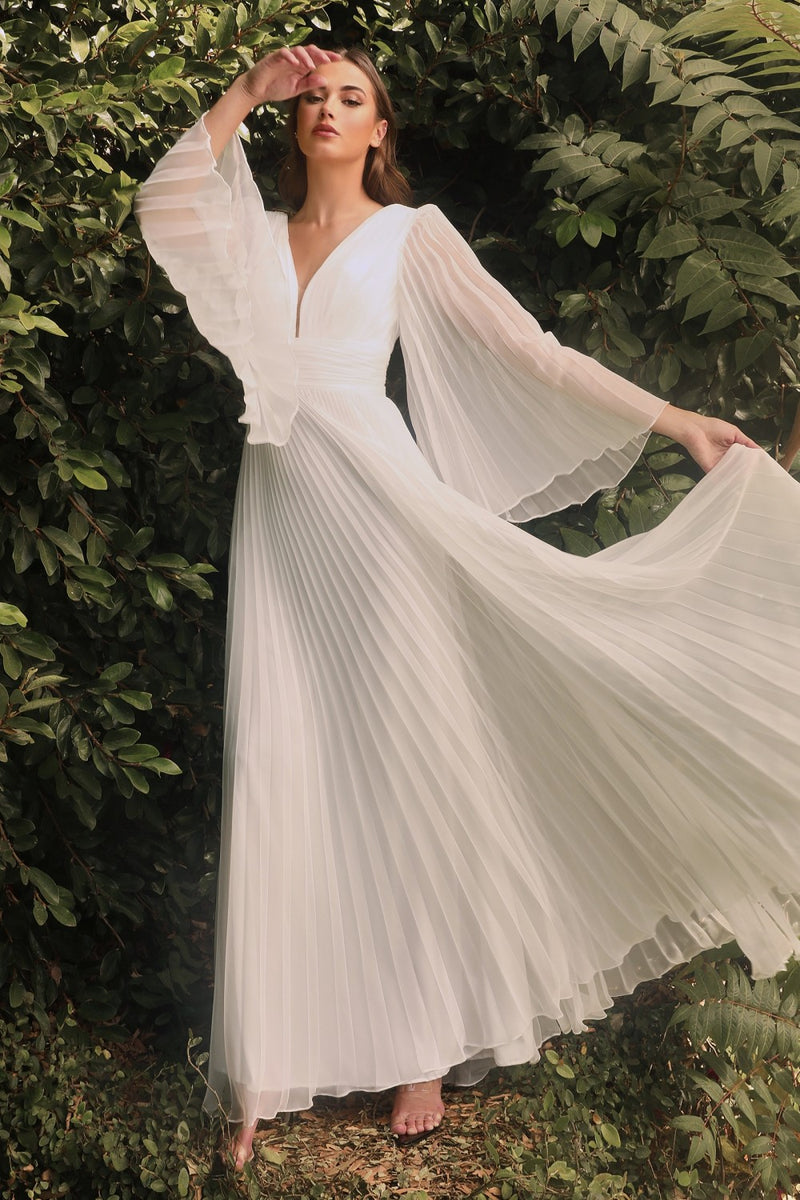 White Pleated Bell Sleeve Gown By Cinderella Divine -CD242W