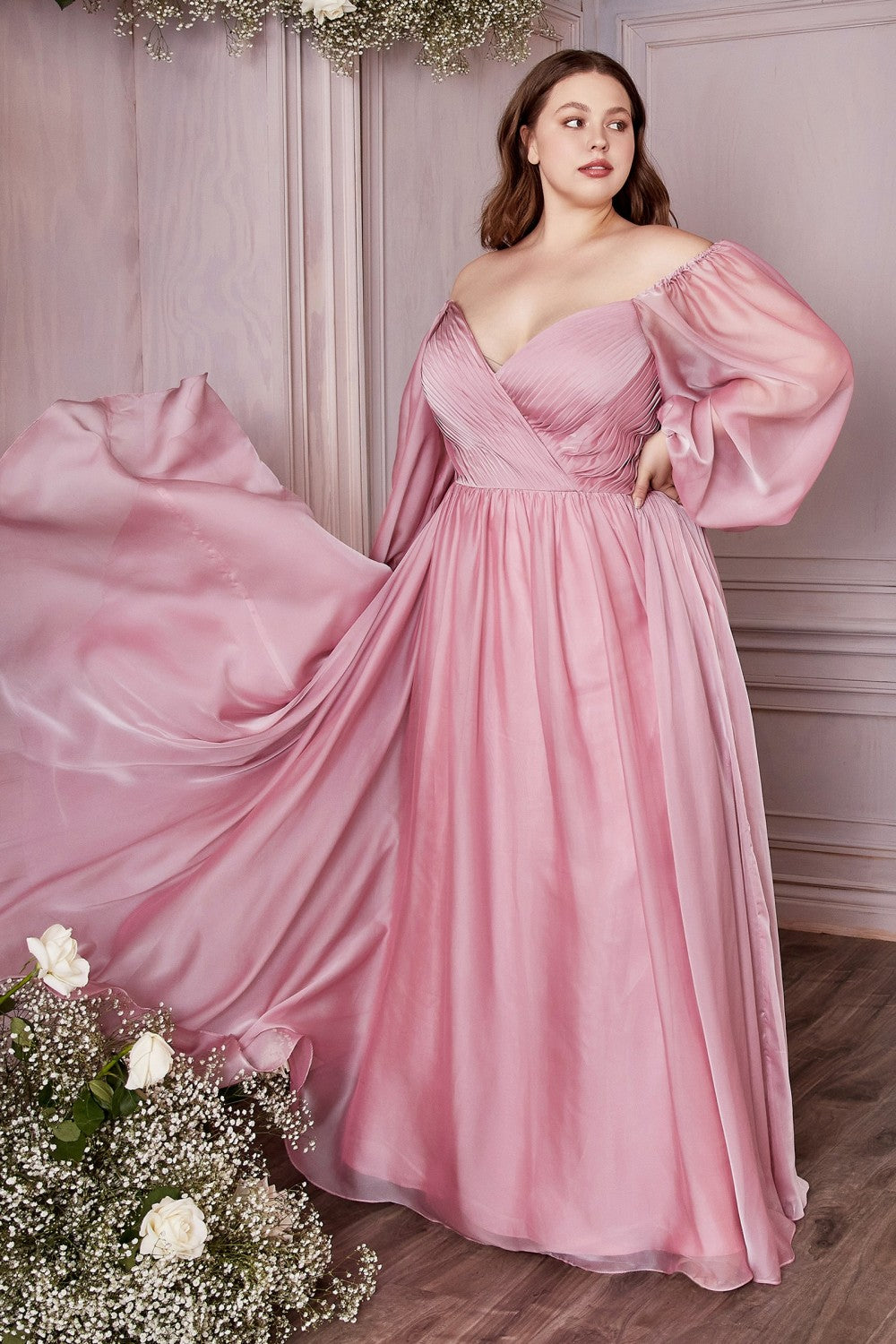 Curve Long Sleeve Chiffon Gown By Cinderella Divine -CD243C