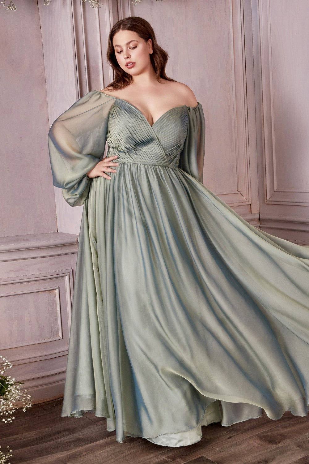 Curve Long Sleeve Chiffon Gown By Cinderella Divine -CD243C