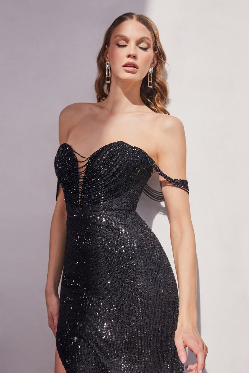 Strapless Sequin Dress With Beaded Draped Shoulders By Cinderella Divine -CD290