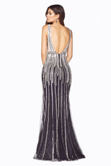 Fitted Glitter Tulle Gown With Embellished Stone Geometric Beading by Cinderella Divine -CD69
