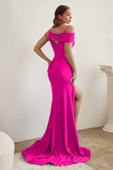 Asymmetrical Shoulder Stretch Satin Fitted Gown By Cinderella Divine -CD881