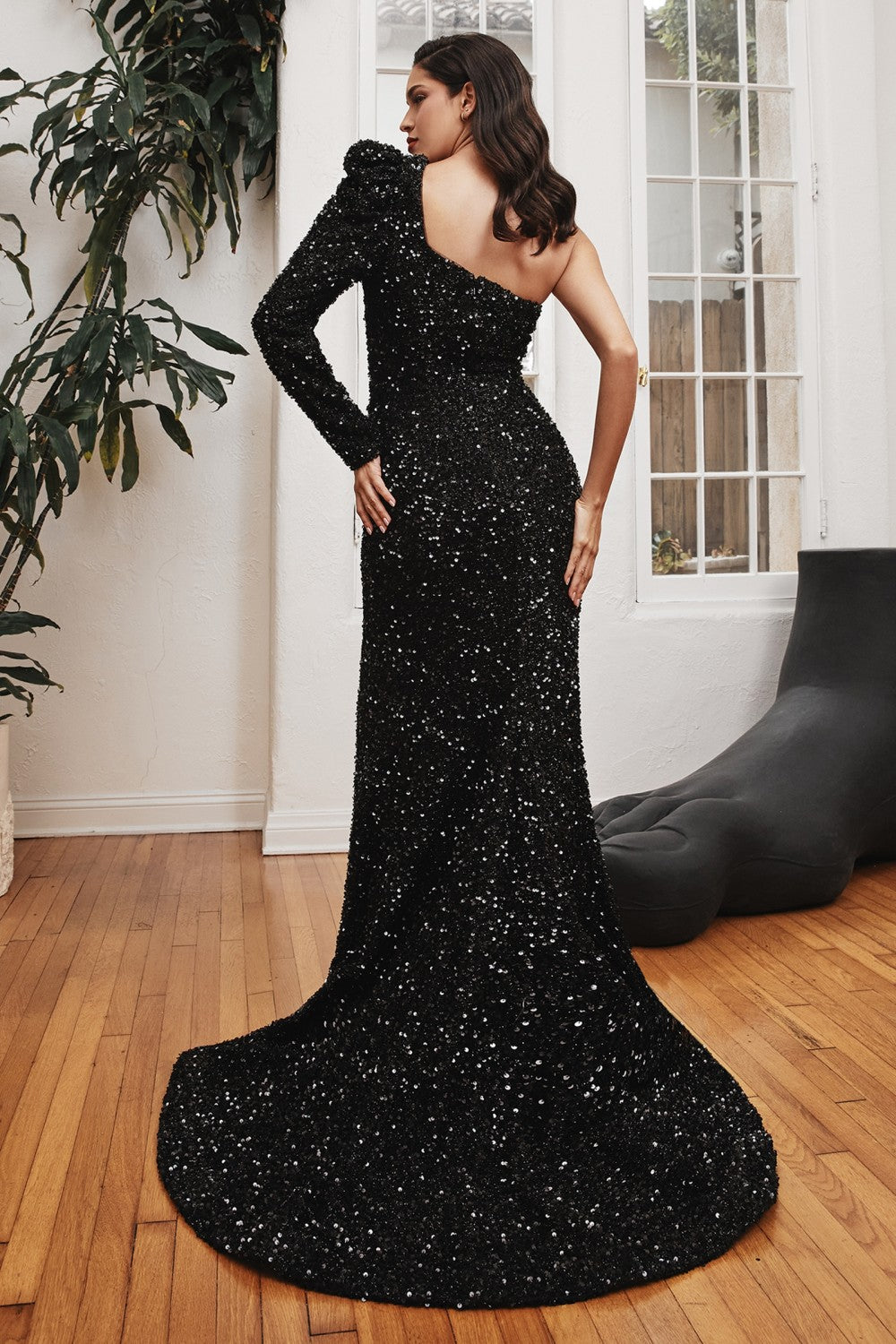 One Shoulder Long Sleeve Fitted Sequin Gown By Cinderella Divine -CD885
