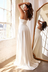 White Long Satin V-Neck Dress By Cinderella Divine -CD903W
