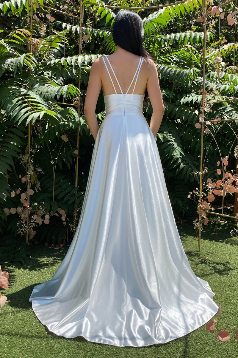 White Long Satin V-Neck Dress By Cinderella Divine -CD903W