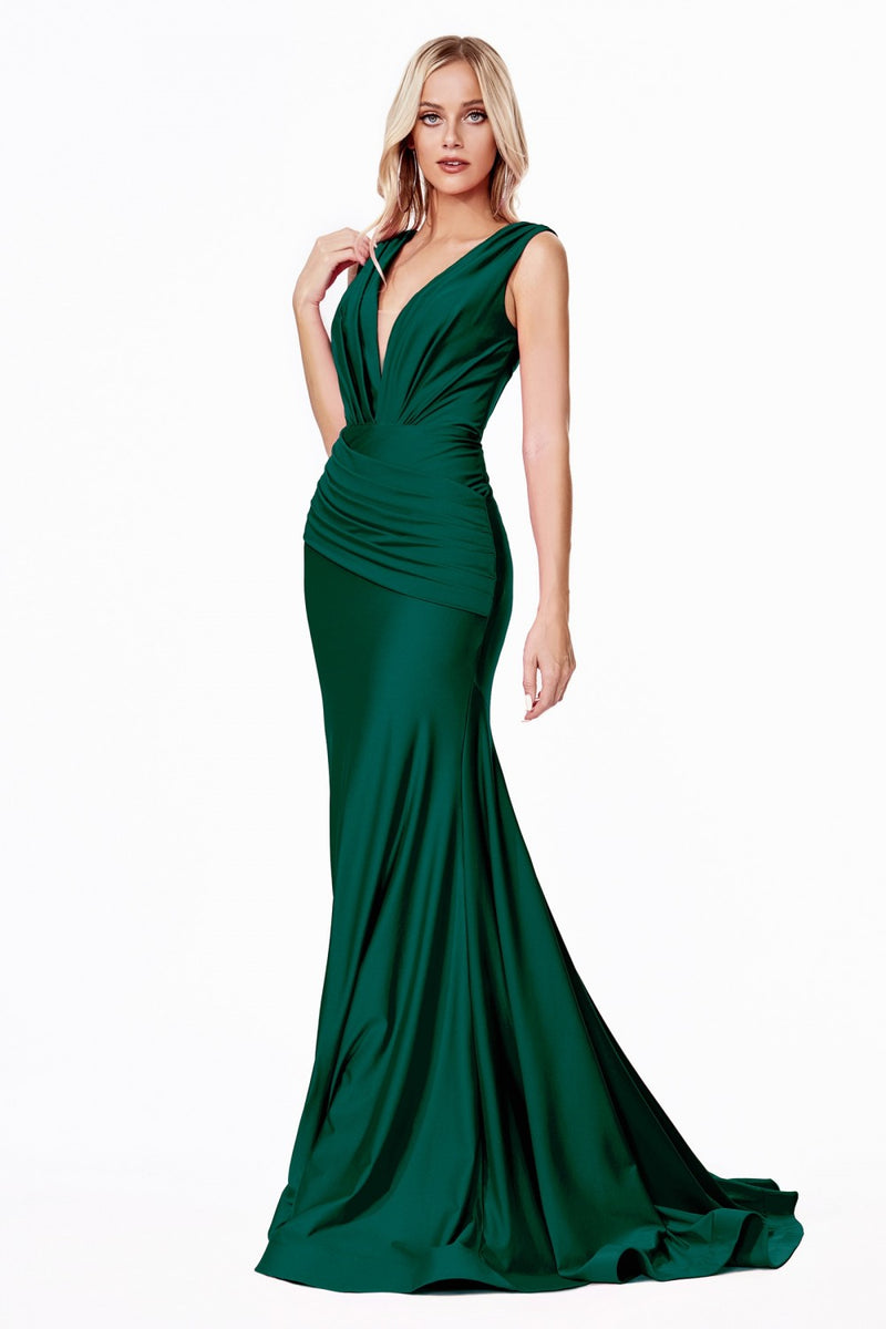 Fitted Jersey Gown With Rouched Waistline And Pleated Deep V-Neckline by Cinderella Divine -CD912