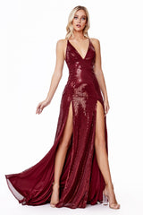 MyFashion.com - Fitted sequin dress with double slits and deep plunging neckline.(CD915) - Cinderella Divine promdress eveningdress fashion partydress weddingdress 
 gown homecoming promgown weddinggown 