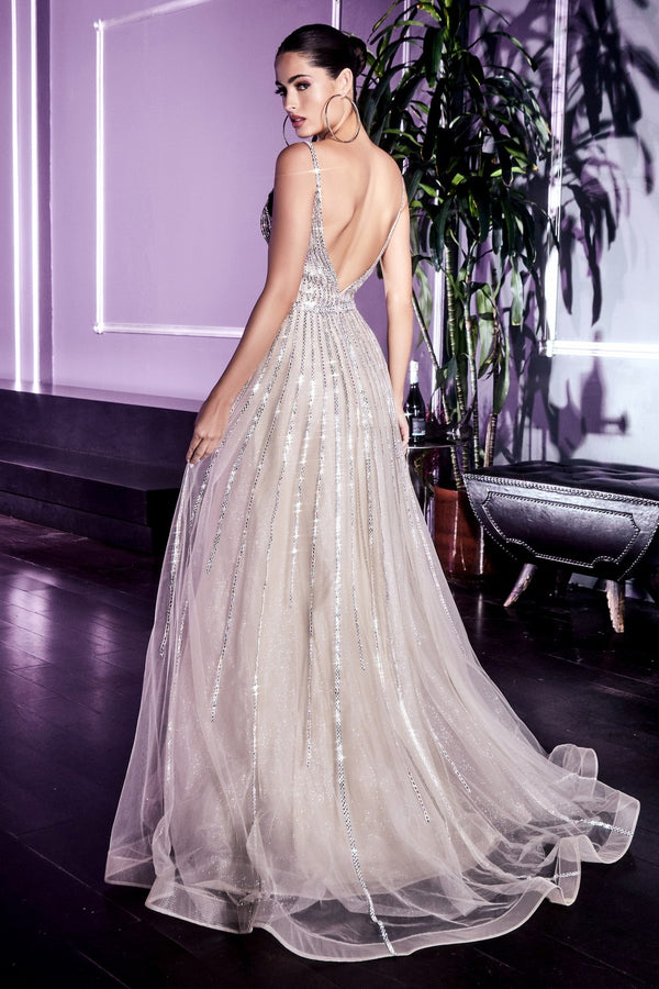 Long Beaded Tulle Dress By Cinderella Divine -CD940