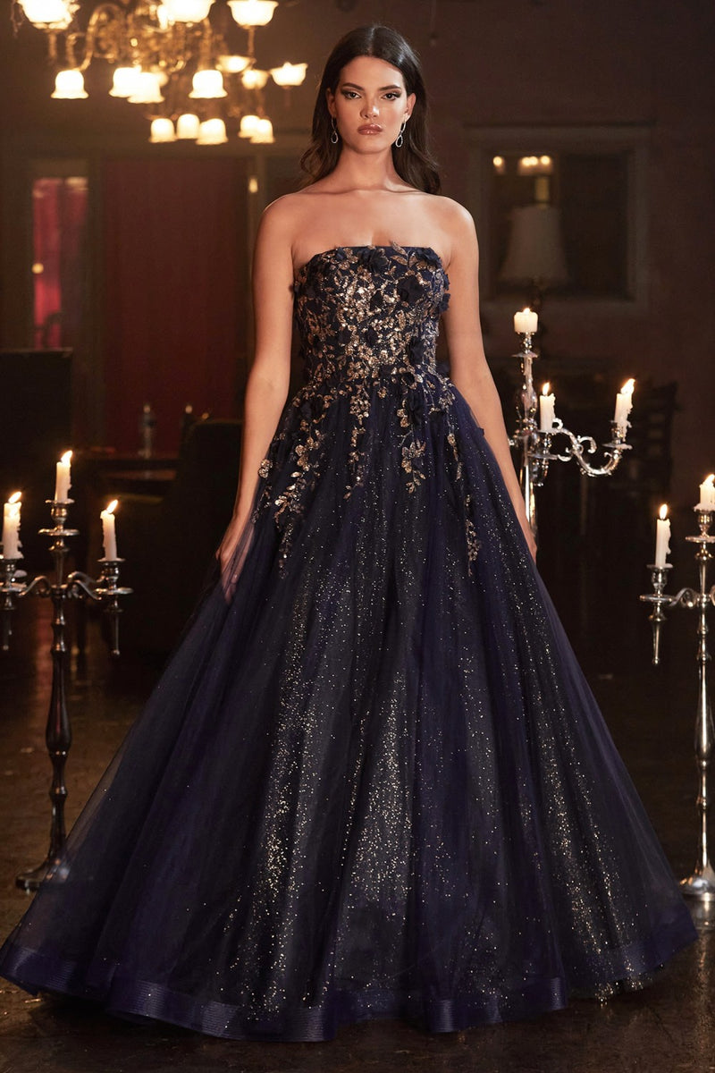 Strapless Glitter Layered Tulle Ball Gown By Cinderella Divine -CD955