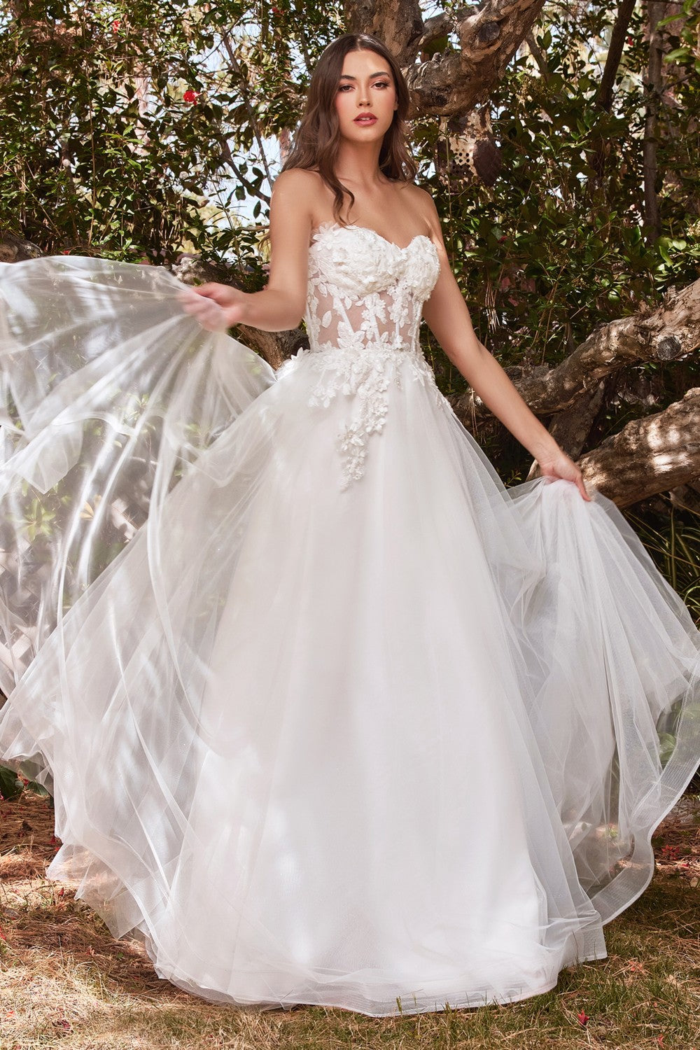 Lace Strapless Layered Tulle Wedding Gown By Cinderella Divine -CD962W