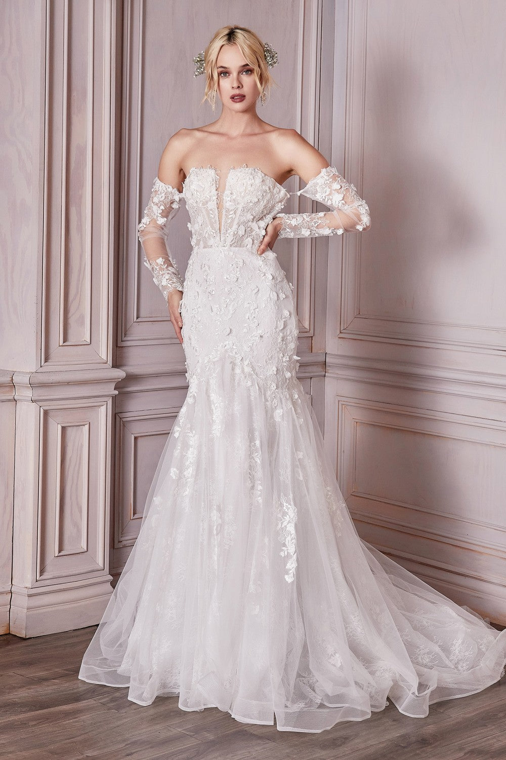 Long Sleeve Lace Bridal Gown By Cinderella Divine -CD977W