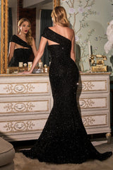 Sequin One Shoulder Gown By Cinderella Divine -CD980
