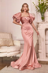 Fitted Puff Sleeve Satin Gown By Cinderella Divine -CD983
