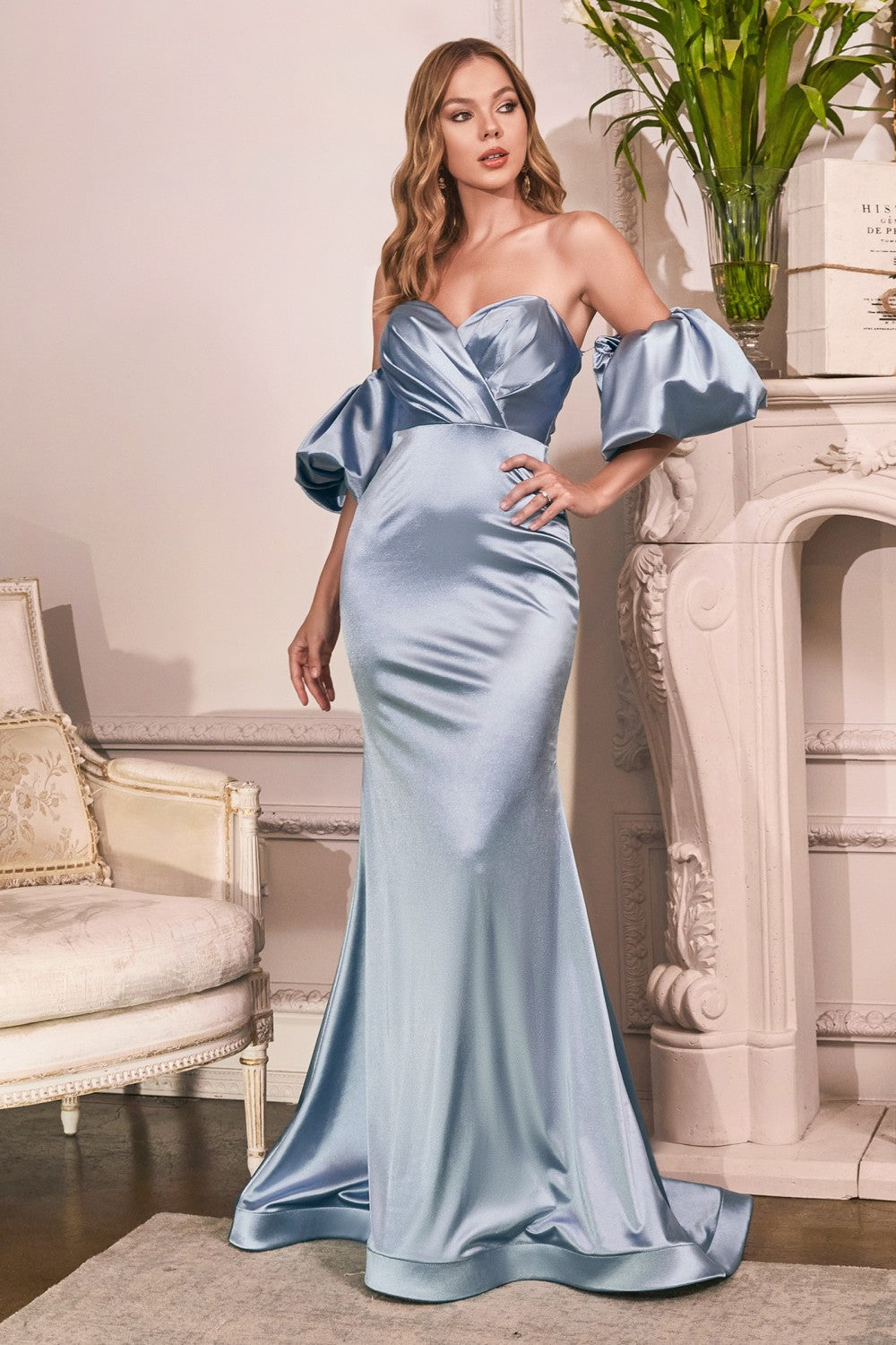 Fitted Puff Sleeve Satin Gown By Cinderella Divine -CD983