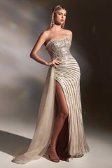 Fitted Nude Gown With Right Side Overskirt And Rhinestone Details By Cinderella Divine -CD991