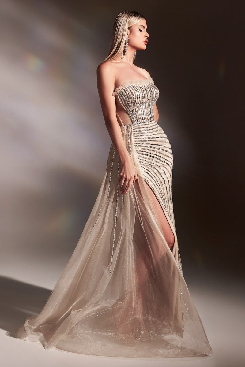 Fitted Nude Gown With Right Side Overskirt And Rhinestone Details By Cinderella Divine -CD991