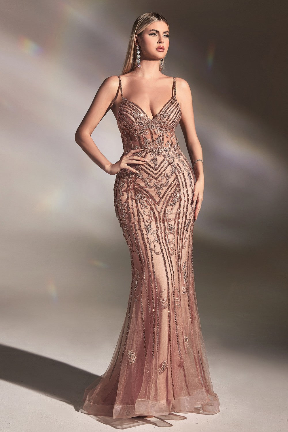 Fitted Beaded Mermiad Gown By Cinderella Divine -CD992