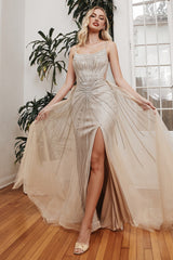 Beaded Fitted Gown With Tulle Over Skirt By Cinderella Divine -CD993