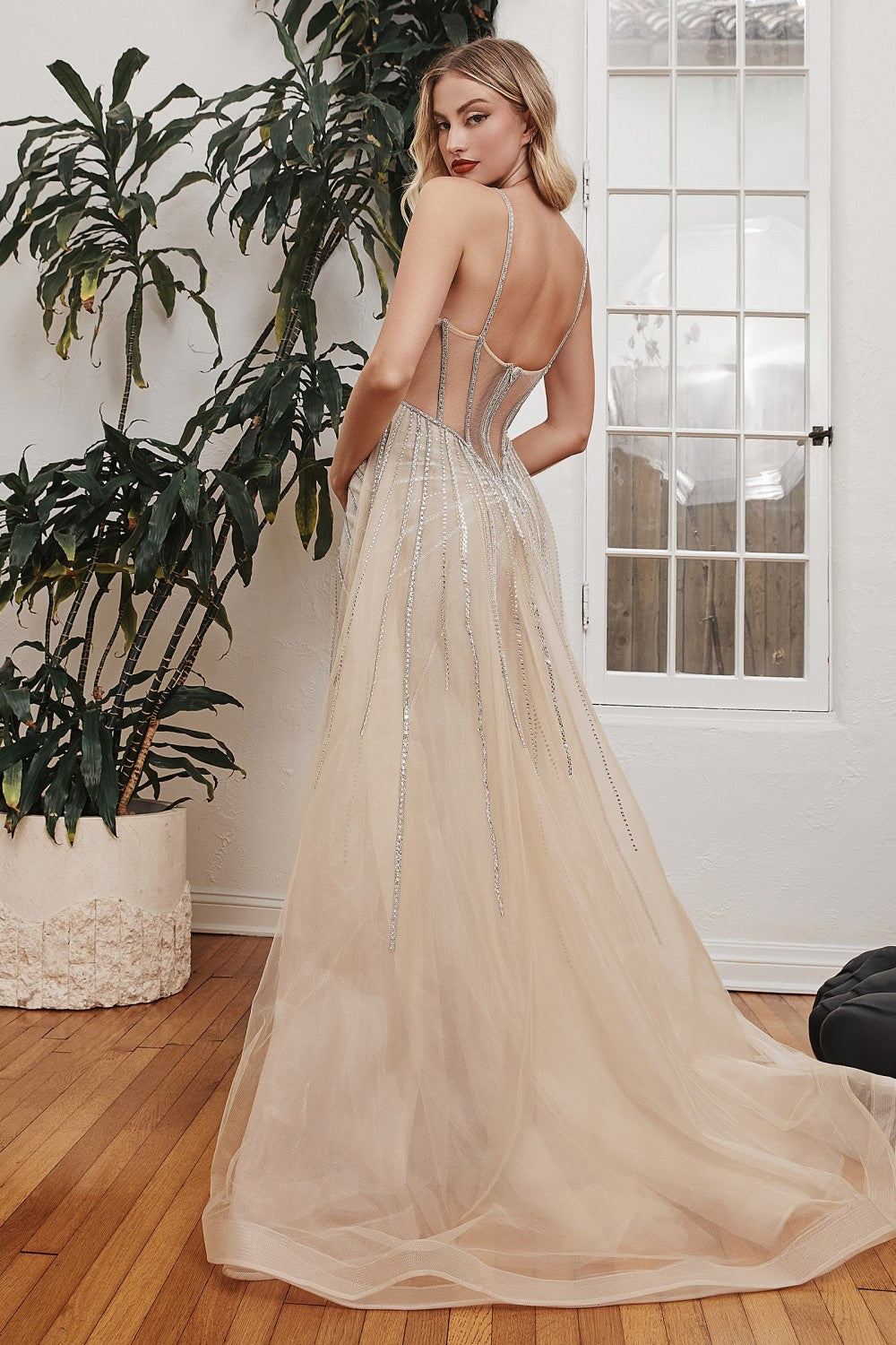 Beaded Fitted Gown With Tulle Over Skirt By Cinderella Divine -CD993