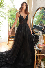 A-Line Beaded Gown With Lace Detail By Cinderella Divine -CD994