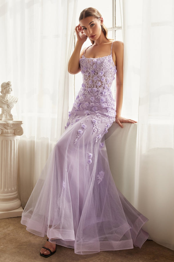 Floral Applique Tulle Gown By Cinderella Divine -CD995