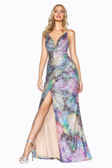 MyFashion.com - Multicolor sequin gown with fire work like print and gathered waistline.(CDS346) - Cinderella Divine promdress eveningdress fashion partydress weddingdress 
 gown homecoming promgown weddinggown 