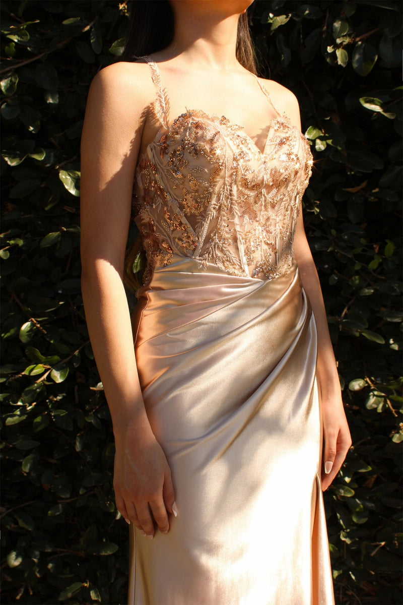 Satin Embellished Lace Dress By Cinderella Divine -CDS412