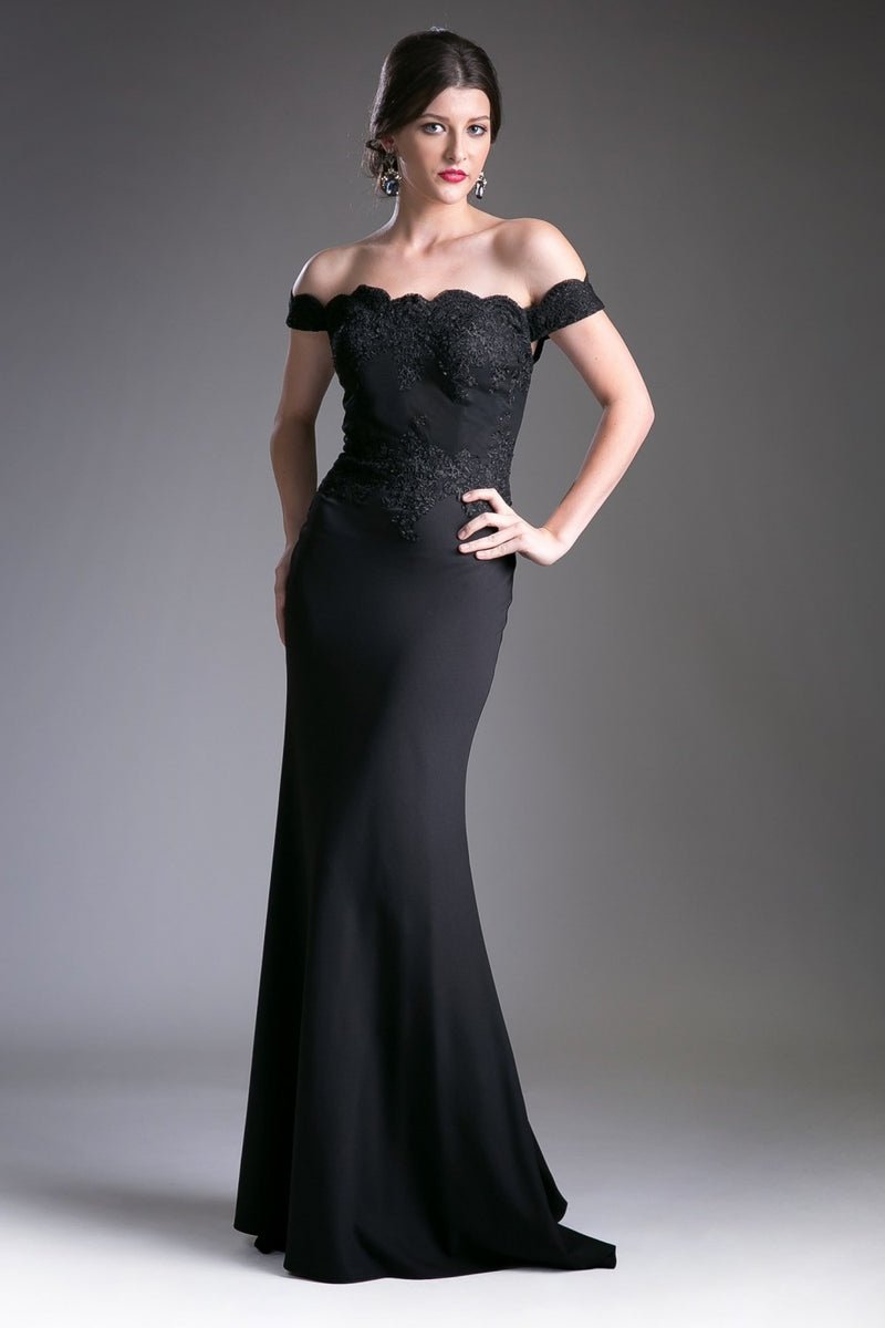 MyFashion.com - Off the shoulder fitted gown with lace applique details and stretch jersey.(CF158) - Cinderella Divine promdress eveningdress fashion partydress weddingdress 
 gown homecoming promgown weddinggown 