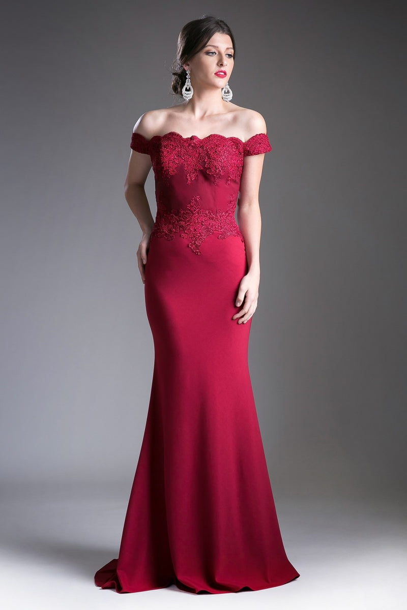 MyFashion.com - Off the shoulder fitted gown with lace applique details and stretch jersey.(CF158) - Cinderella Divine promdress eveningdress fashion partydress weddingdress 
 gown homecoming promgown weddinggown 