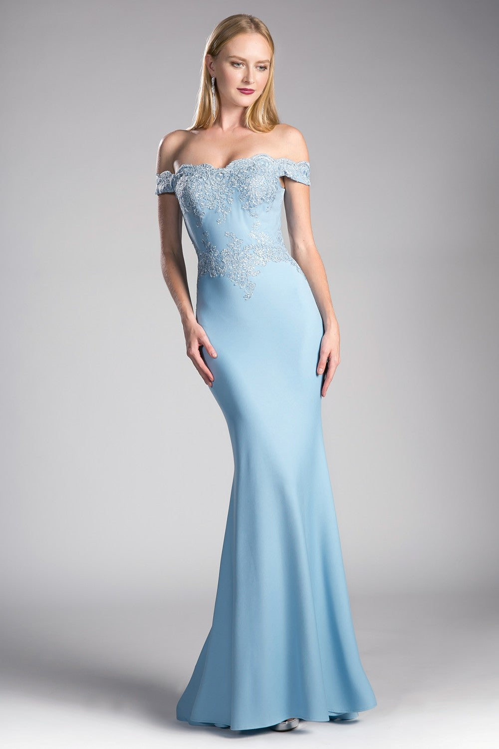 MyFashion.com - Off the shoulder fitted gown with lace applique details and stretch jersey.(CF158) - Cinderella Divine promdress eveningdress fashion partydress weddingdress 
 gown homecoming promgown weddinggown 