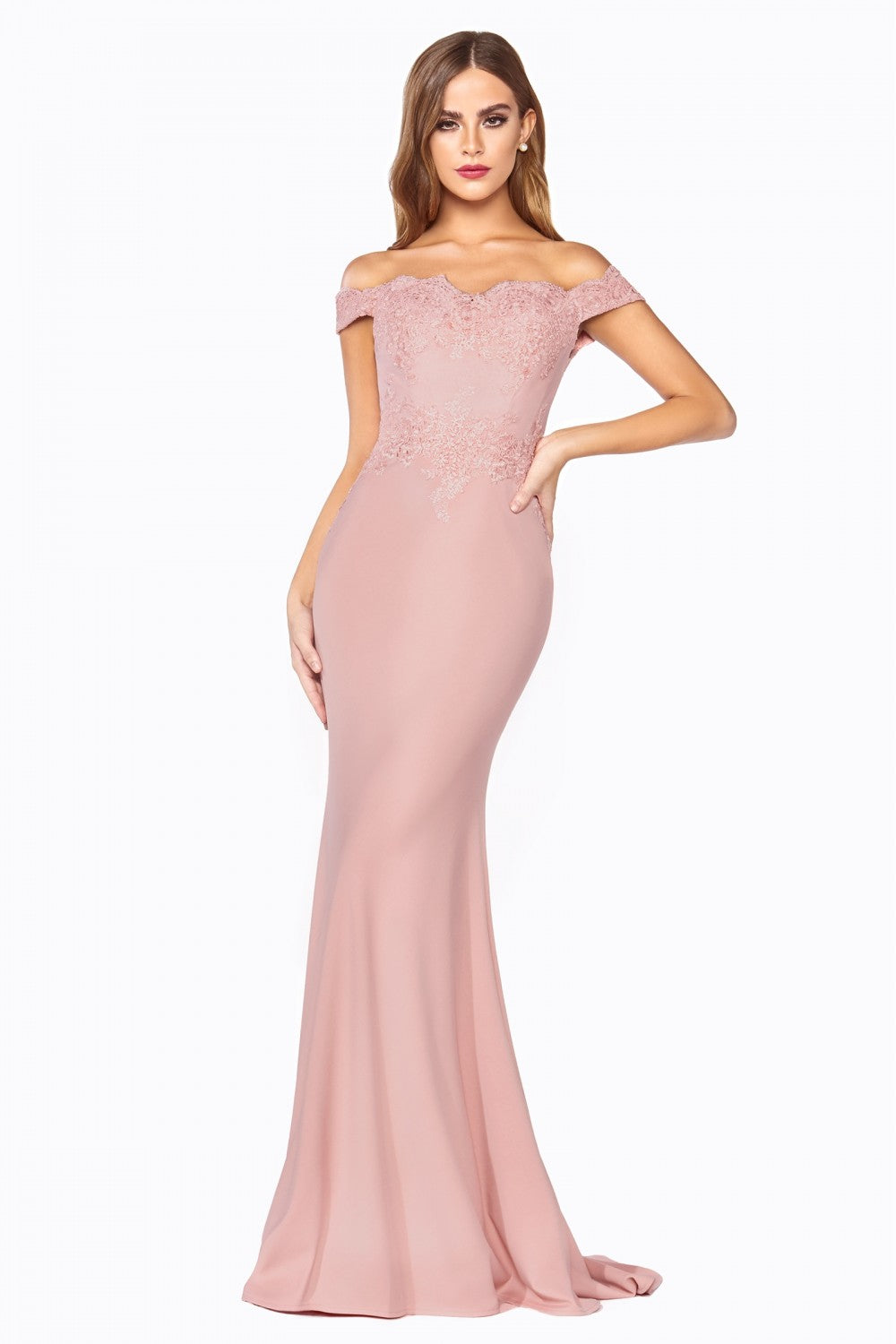 MyFashion.com - Off the shoulder fitted gown with lace applique details and stretch jersey.(CF158) - Cinderella Divine promdress eveningdress fashion partydress weddingdress 
 gown homecoming promgown weddinggown 