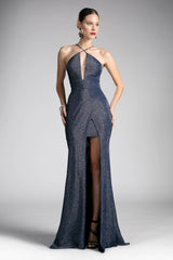 Fitted Metallic Gown With Criss Cross Neckline And Leg Slit Dress By Cinderella Divine -CF279-2