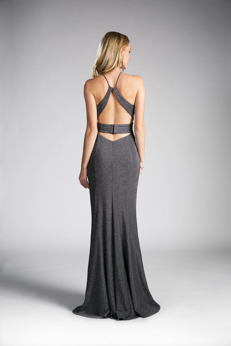 Fitted Metallic Gown With Criss Cross Neckline And Leg Slit Dress By Cinderella Divine -CF279-2