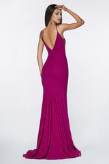Fitted Ruched Dress With Deep Plunging Neckline, Open Back And Leg Slit by Cinderella Divine -CF329