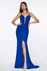 Fitted Ruched Dress With Deep Plunging Neckline, Open Back And Leg Slit by Cinderella Divine -CF329